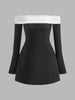 Eleganz | Farbblock Off-Shoulder Glockenärmel Kleid