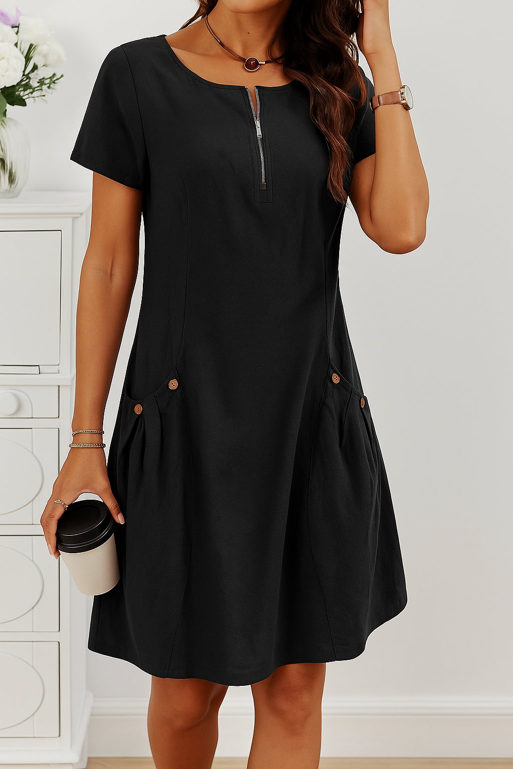 Cain | Elegantes Baumwollkleid mit kurzen Ärmeln und Taschen