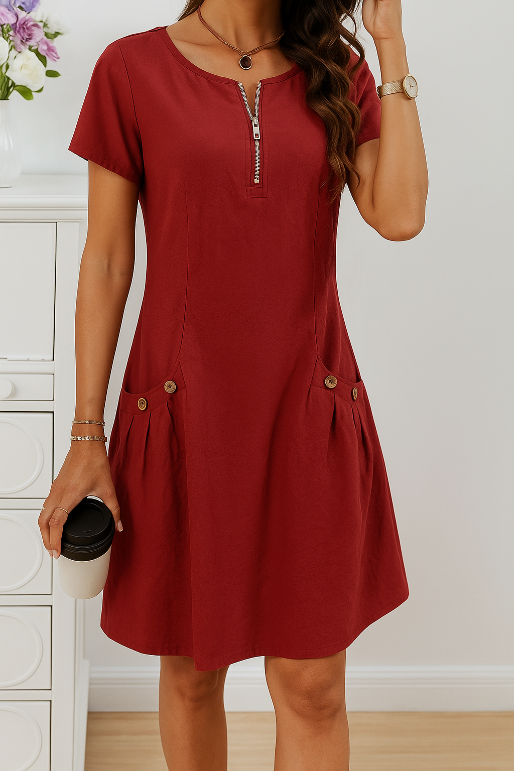 Cain | Elegantes Baumwollkleid mit kurzen Ärmeln und Taschen