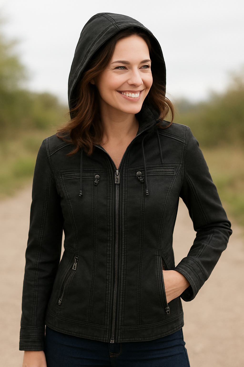 Benedikta | Wetterfeste Damen Lederjacke mit Kapuze