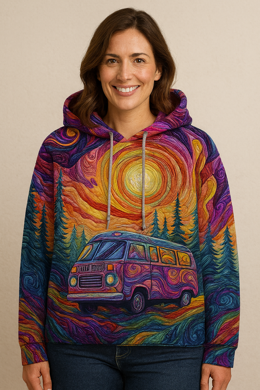 Veronica | Bunte Hoodie mit Bus und Sonnenuntergang