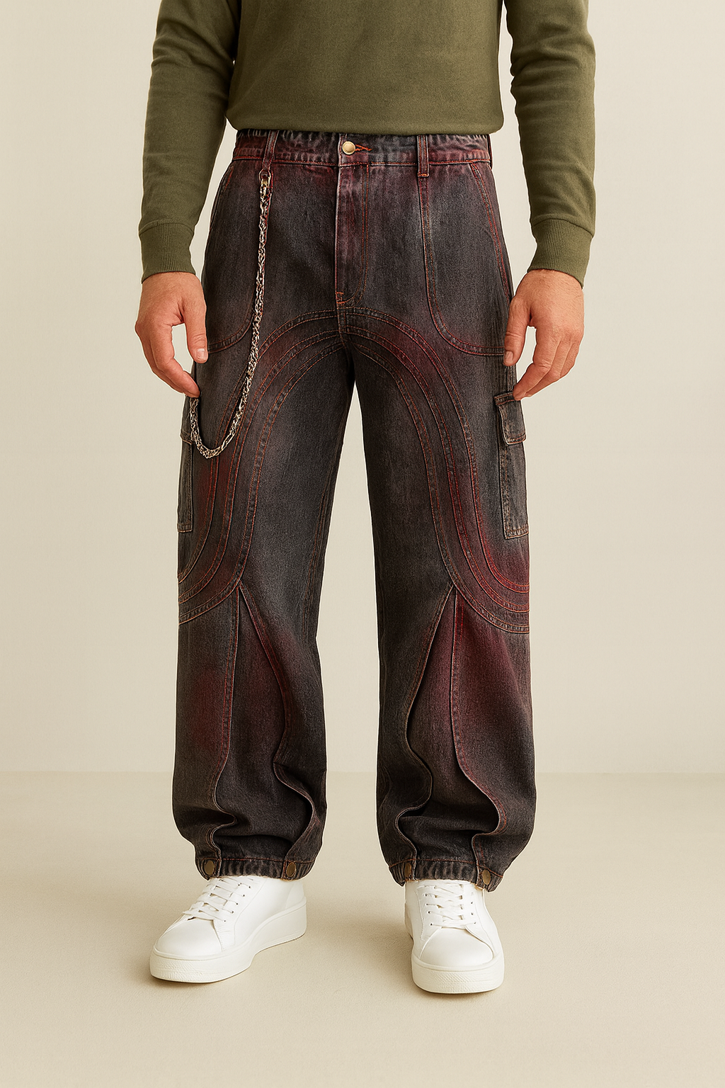 Langston | Paris Rote Verblassung 3D-Panel Weitbeinige Denimhose