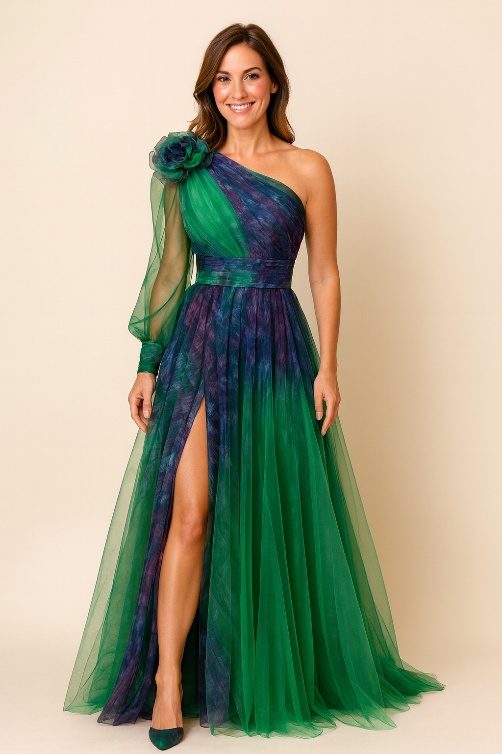 Deen | Damen modisches bedrucktes Kleid mit schräger Schulter aus Mesh
