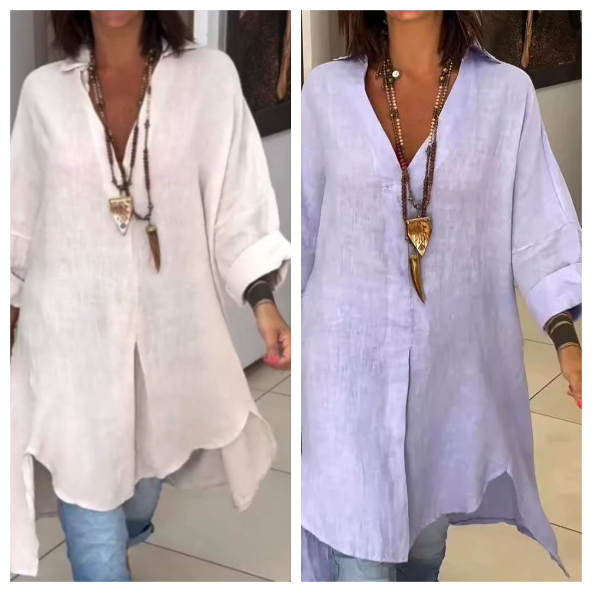 Semaj | Sommer Casual Baumwolle-Leinen V-Ausschnitt Shirt