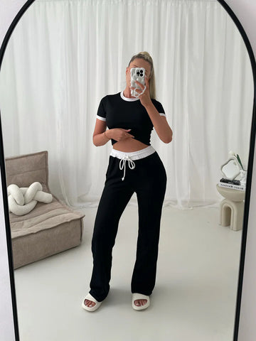 Emma | Geripptes Kurzarm-Crop-Top & Weites Hosen-Set