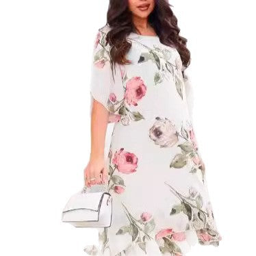 Donna | Damen-Loose-Rundhals-Mode-Premium-Chiffon-Print-Kleid