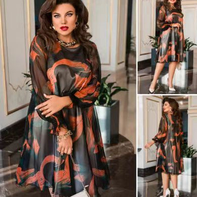 Cindy | Fließendes Kleid mit Rundhalsausschnitt, langen Ärmeln und Druck