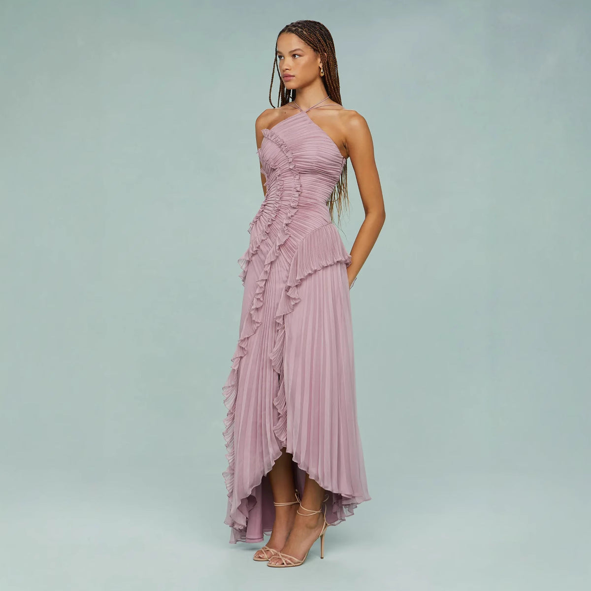 Aydin | Langes Kleid mit Trägergürtel und Plissee-Rüschen