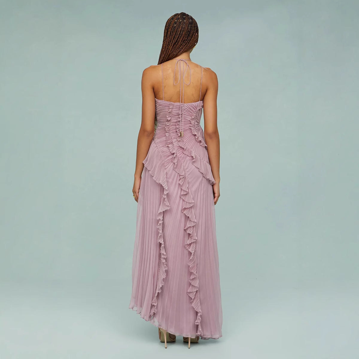 Aydin | Langes Kleid mit Trägergürtel und Plissee-Rüschen