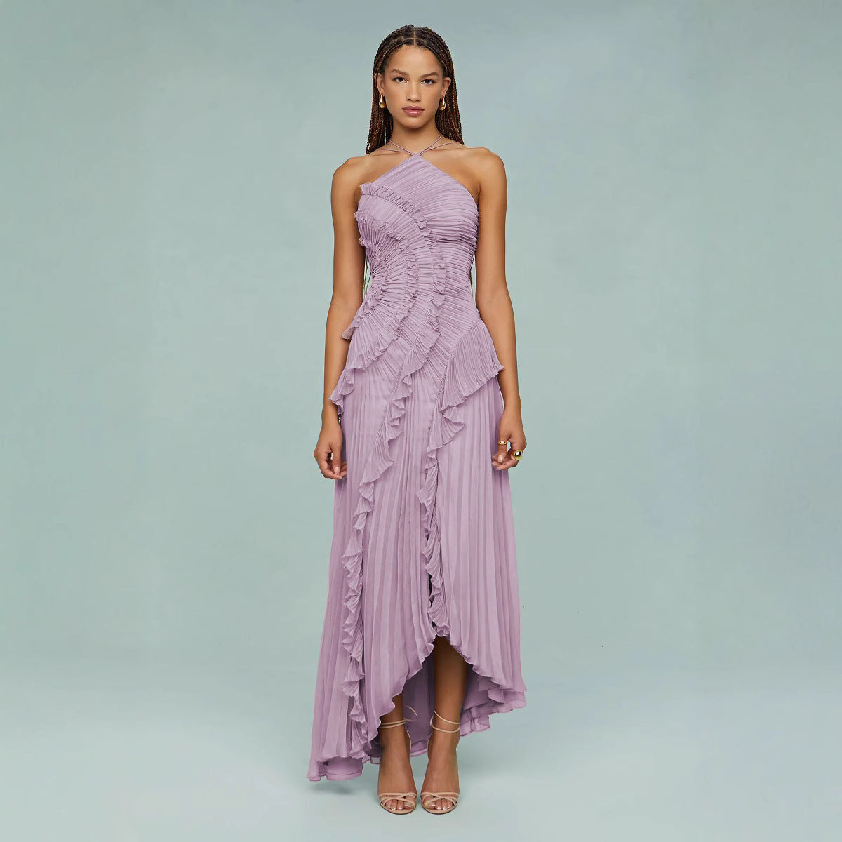 Aydin | Langes Kleid mit Trägergürtel und Plissee-Rüschen
