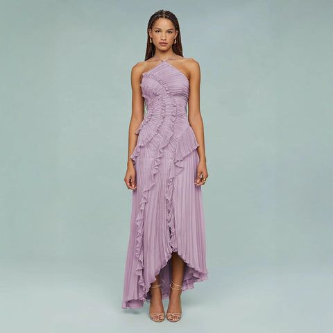 Aydin | Langes Kleid mit Trägergürtel und Plissee-Rüschen