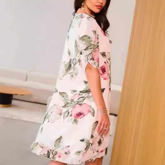 Donna | Damen-Loose-Rundhals-Mode-Premium-Chiffon-Print-Kleid