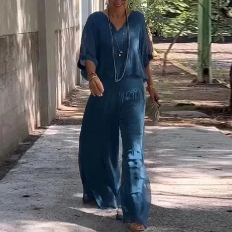 Rocky | Damen Elegantes Chiffon Weitbein-Hosen-Zweiteiler mit V-Ausschnitt