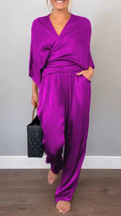 Cassidy | Damen V-Ausschnitt Bequemer Satin-Anzug Kauf 2 Sets Kostenloser Versand