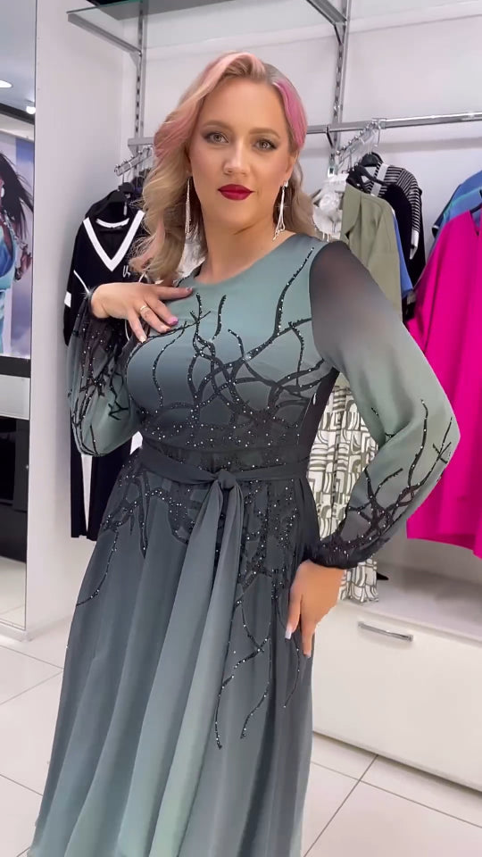 Asherim | Luxus-Chiffonkleid mit Farbverlauf und Kristallverzierung