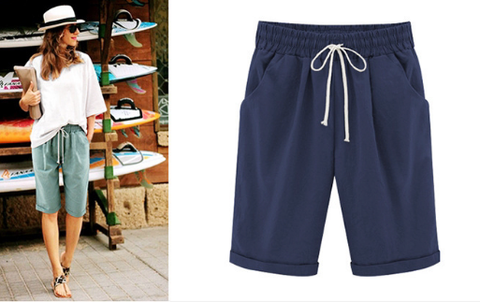 Marcy |  Plus Size Uni-Farbe Elastische Taille Weite Cropped Shorts