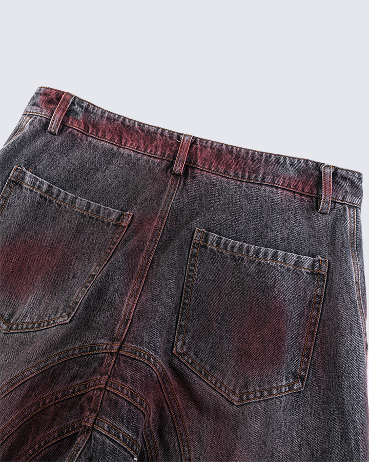 Langston | Paris Rote Verblassung 3D-Panel Weitbeinige Denimhose