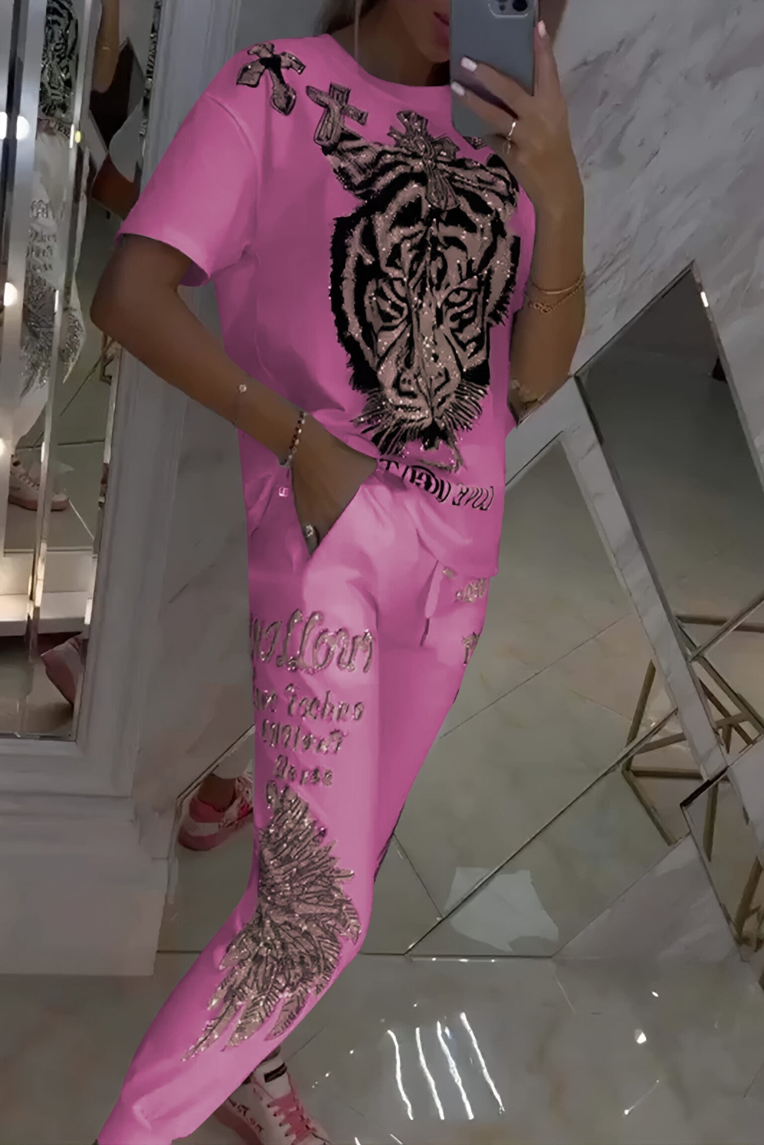 Fatima | Zweiteiliges Damenset Top und Hose im modischen Rautenmuster