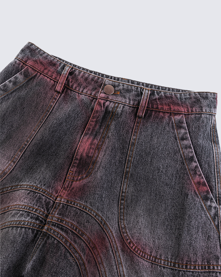 Langston | Paris Rote Verblassung 3D-Panel Weitbeinige Denimhose
