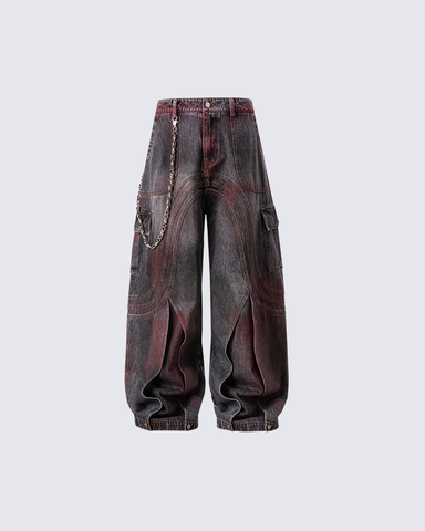 Langston | Paris Rote Verblassung 3D-Panel Weitbeinige Denimhose