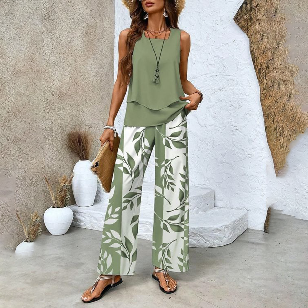 Neriel | Damen Trendy Print 2-teiliges Outfit Ärmelloses Top & Hose