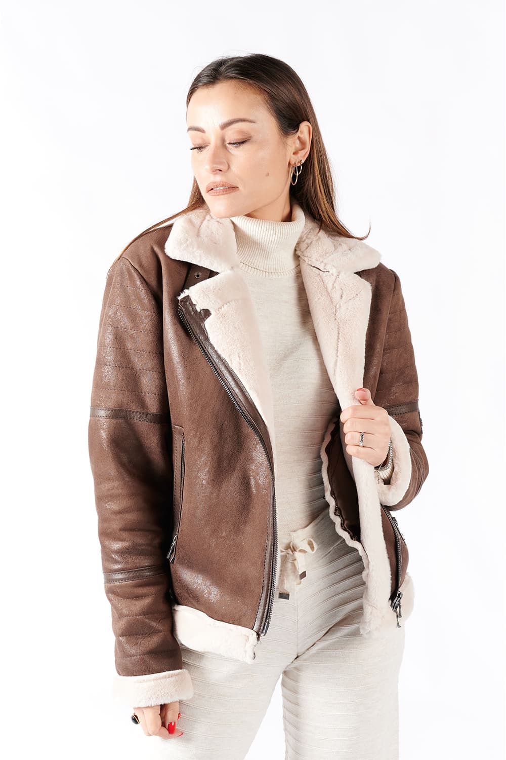 Sabine | Gold Chiodo Shearling-Stil Damen Dunkelbraun