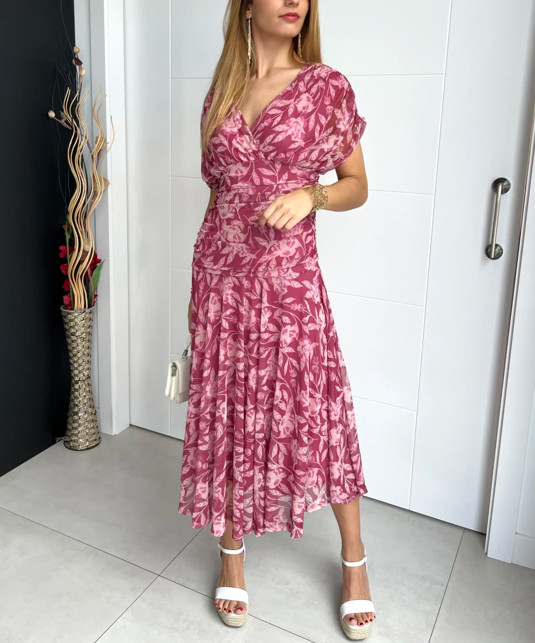 Kori | Bedrucktes Kleid mit schulterfreiem V-Ausschnitt für Damen