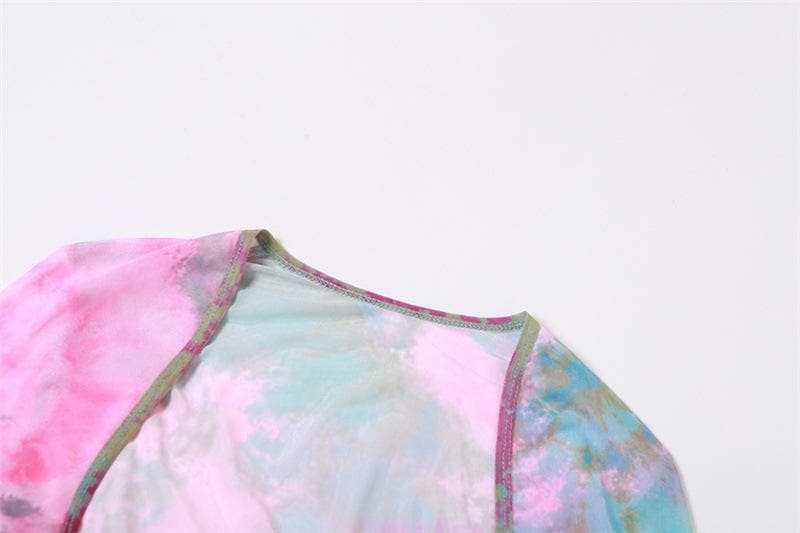 Trevor | Ausgestellter Ärmel Tie-Dye O-Ring Selbstbindung Halter Ausschnitt Minirock-Set