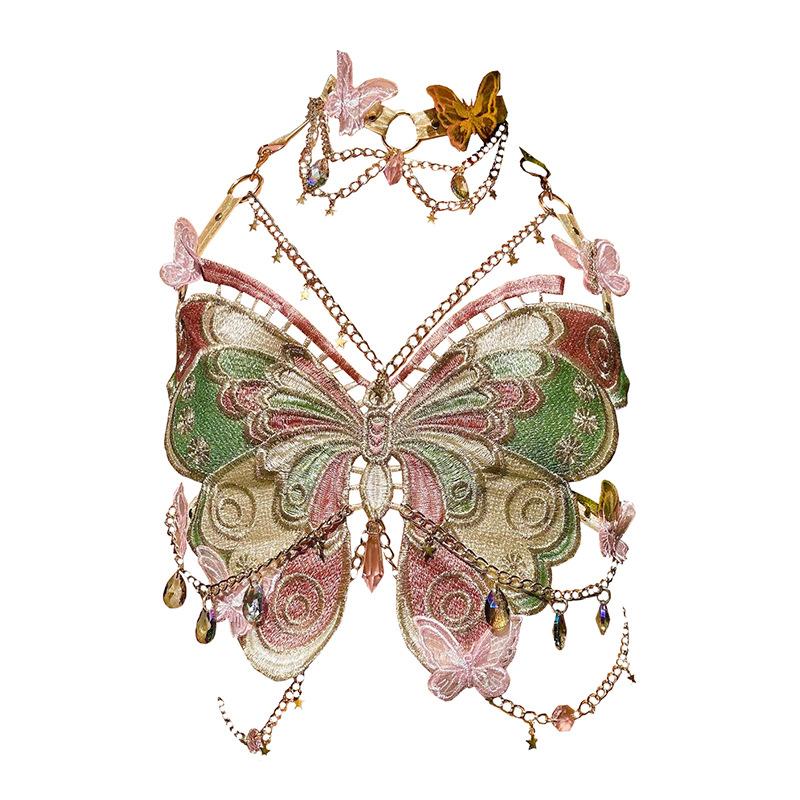 Shawna | Schmetterlingsstickerei Metallketten-Haltertop mit Choker