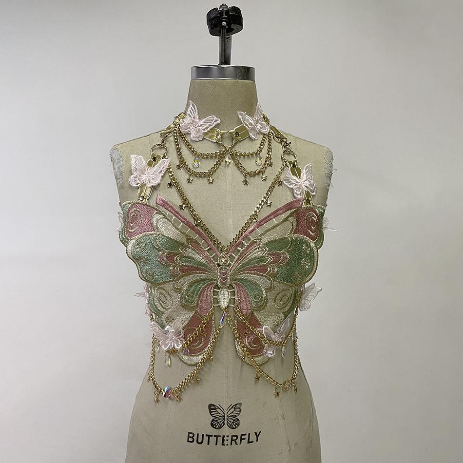 Shawna | Schmetterlingsstickerei Metallketten-Haltertop mit Choker
