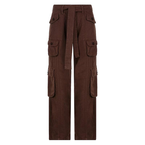 Tie waist pocket button solid straight leg cargo jeans y2k 90s Revival Techno Fashion grunge 90s Streetwear Disheveled Chic Fashion grunge 90s Streetwear Distressed Fashion