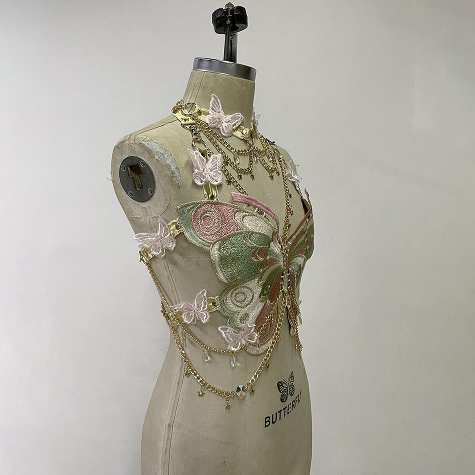 Shawna | Schmetterlingsstickerei Metallketten-Haltertop mit Choker