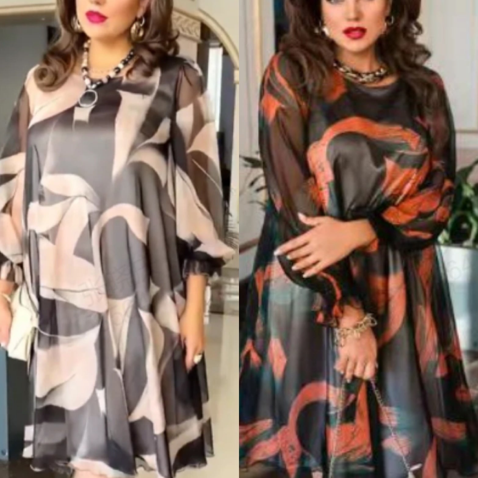 Kimberly | Fließendes Kleid mit Rundhalsausschnitt, langen Ärmeln und Druck