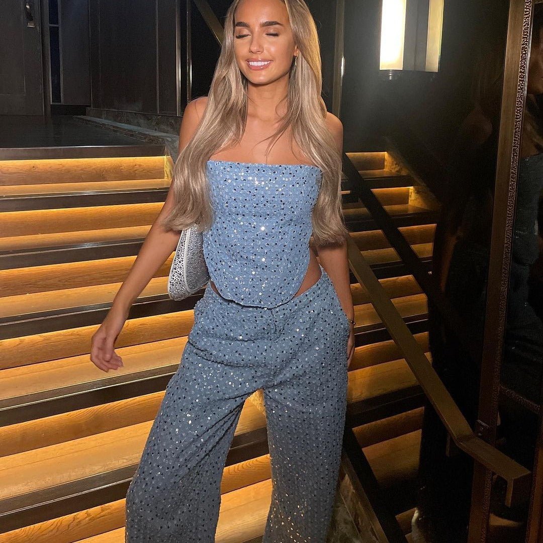 Lisa | Denim-Tubetop mit Weiten Hosen