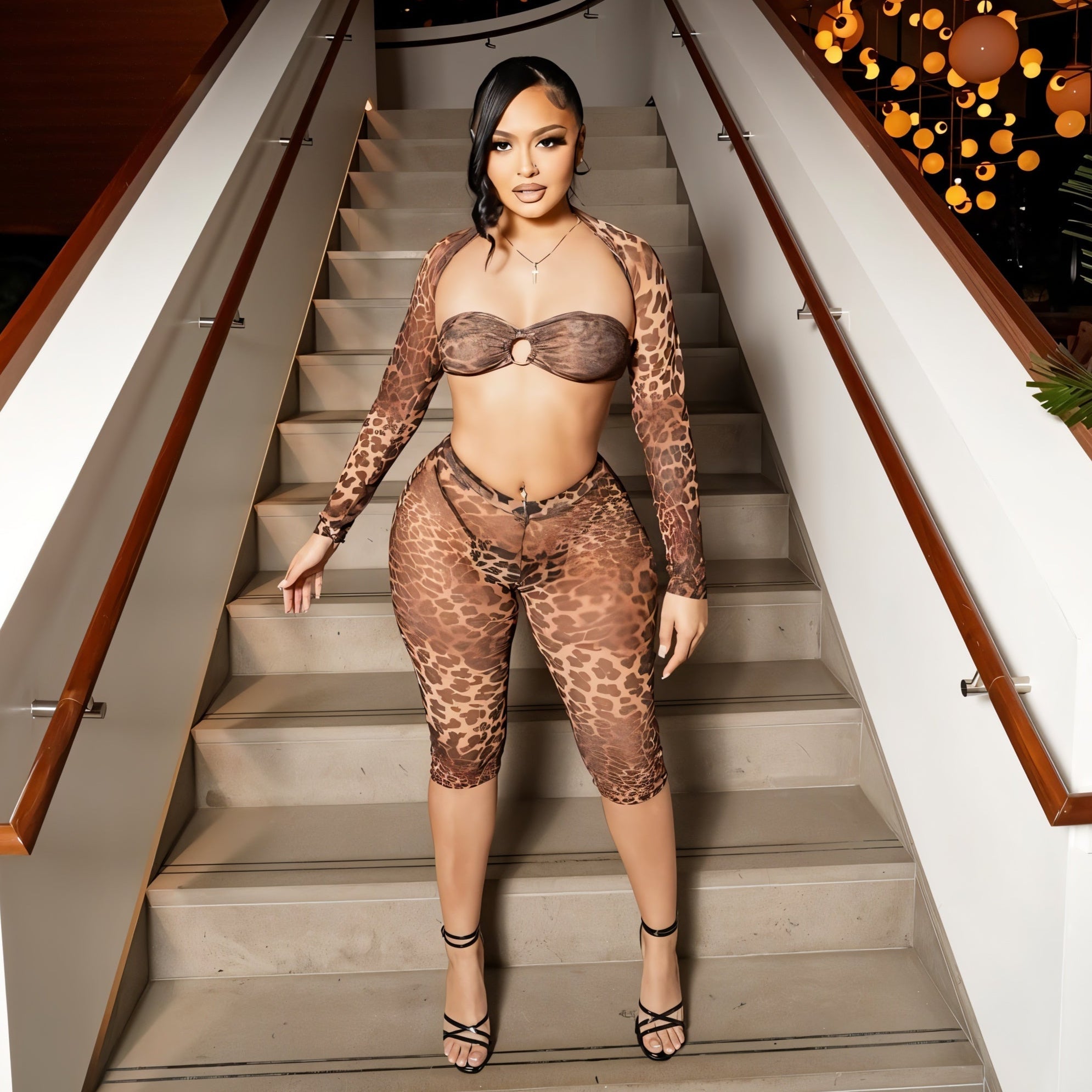 INES Dreiteiliges Mesh-Set mit Leopardenmuster