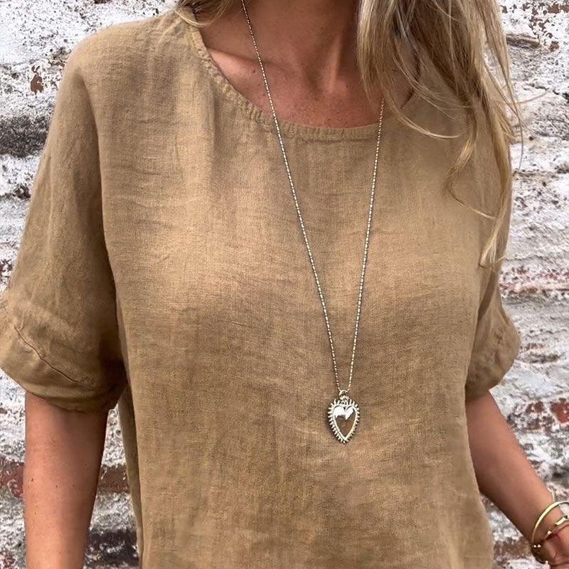 Meagan | Einfarbige Bluse aus Baumwoll-Leinen mit Rundhalsausschnitt und halblangen