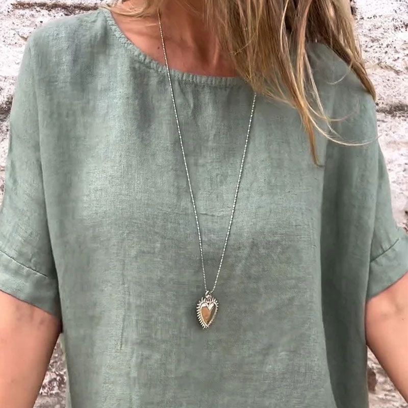 Meagan | Einfarbige Bluse aus Baumwoll-Leinen mit Rundhalsausschnitt und halblangen