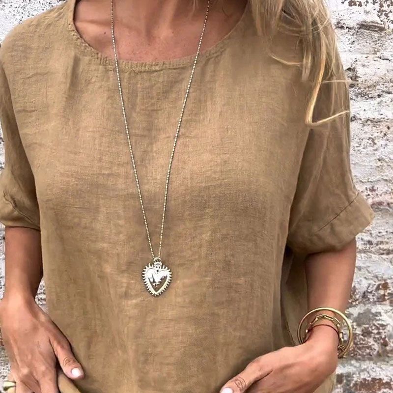 Meagan | Einfarbige Bluse aus Baumwoll-Leinen mit Rundhalsausschnitt und halblangen