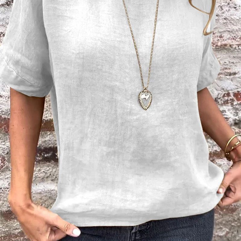 Meagan | Einfarbige Bluse aus Baumwoll-Leinen mit Rundhalsausschnitt und halblangen