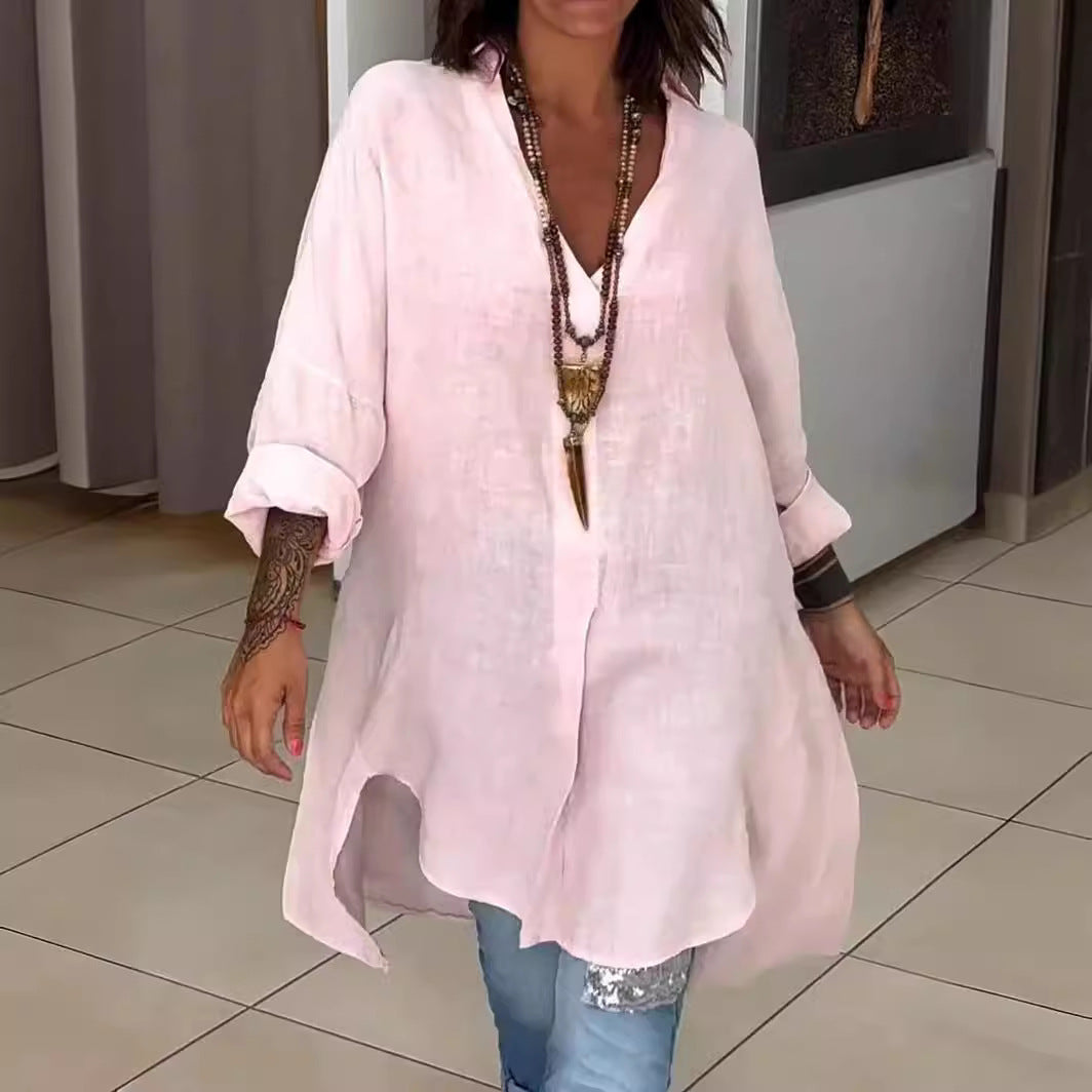 Semaj | Sommer Casual Baumwolle-Leinen V-Ausschnitt Shirt