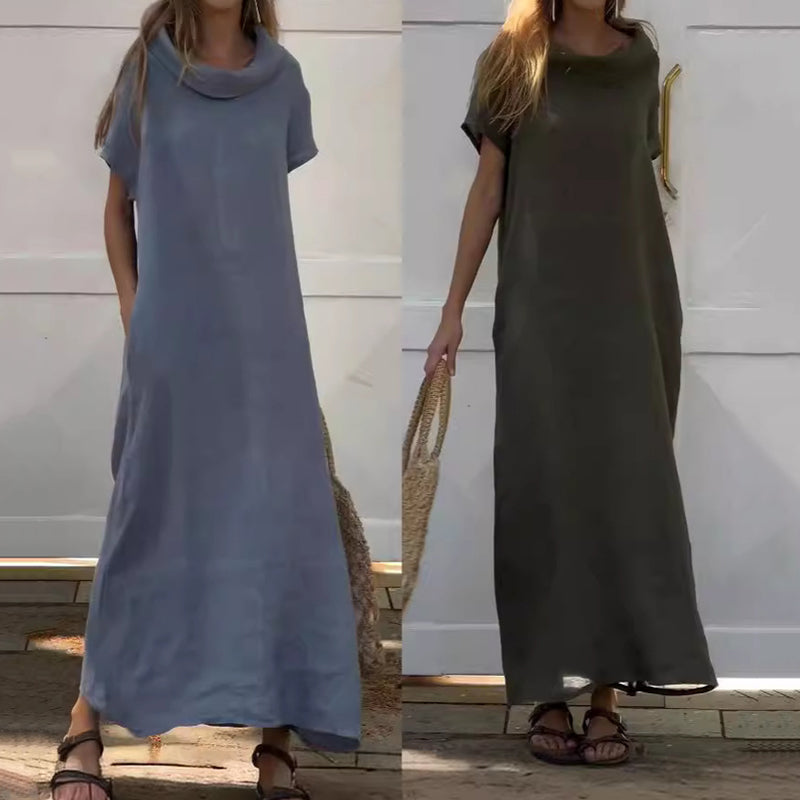 Dona | Damen-Freizeitkleid aus Baumwolle und Leinen mit Wasserfallausschnitt