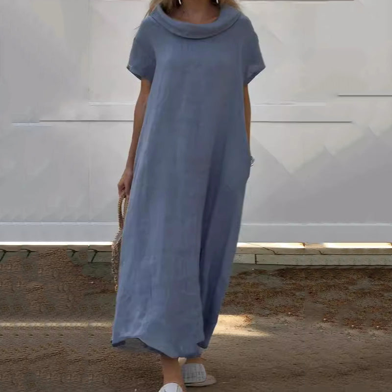 Dona | Damen-Freizeitkleid aus Baumwolle und Leinen mit Wasserfallausschnitt