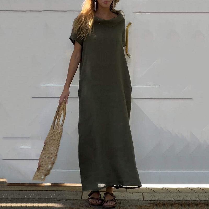 Dona | Damen-Freizeitkleid aus Baumwolle und Leinen mit Wasserfallausschnitt