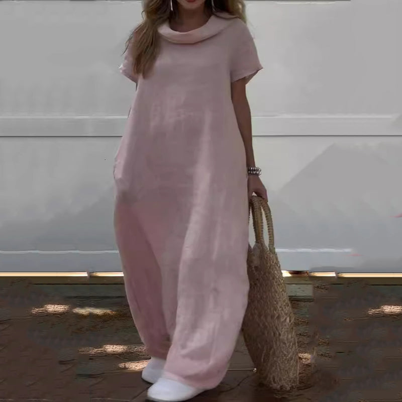 Dona | Damen-Freizeitkleid aus Baumwolle und Leinen mit Wasserfallausschnitt