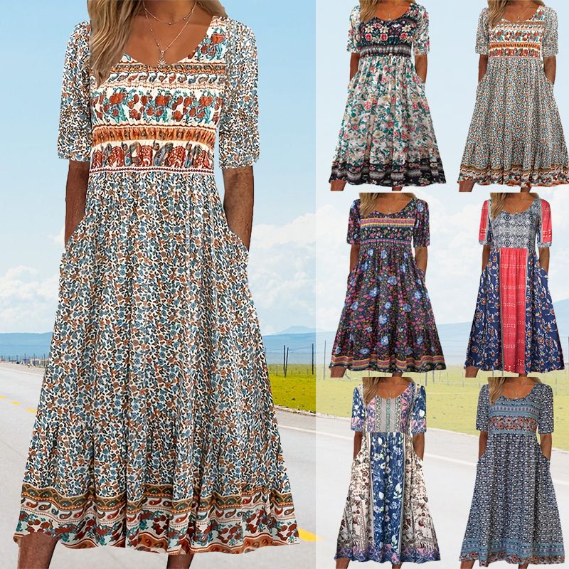Angeline | Damen elegantes Kleid mit Boho-Stil Druck