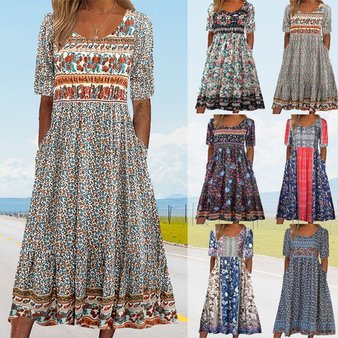 Angeline | Damen elegantes Kleid mit Boho-Stil Druck