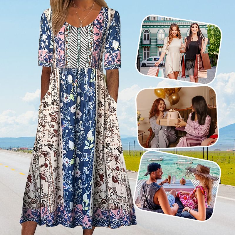 Angeline | Damen elegantes Kleid mit Boho-Stil Druck