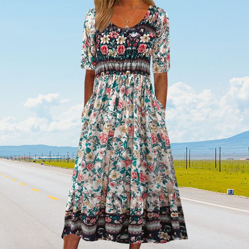 Angeline | Damen elegantes Kleid mit Boho-Stil Druck