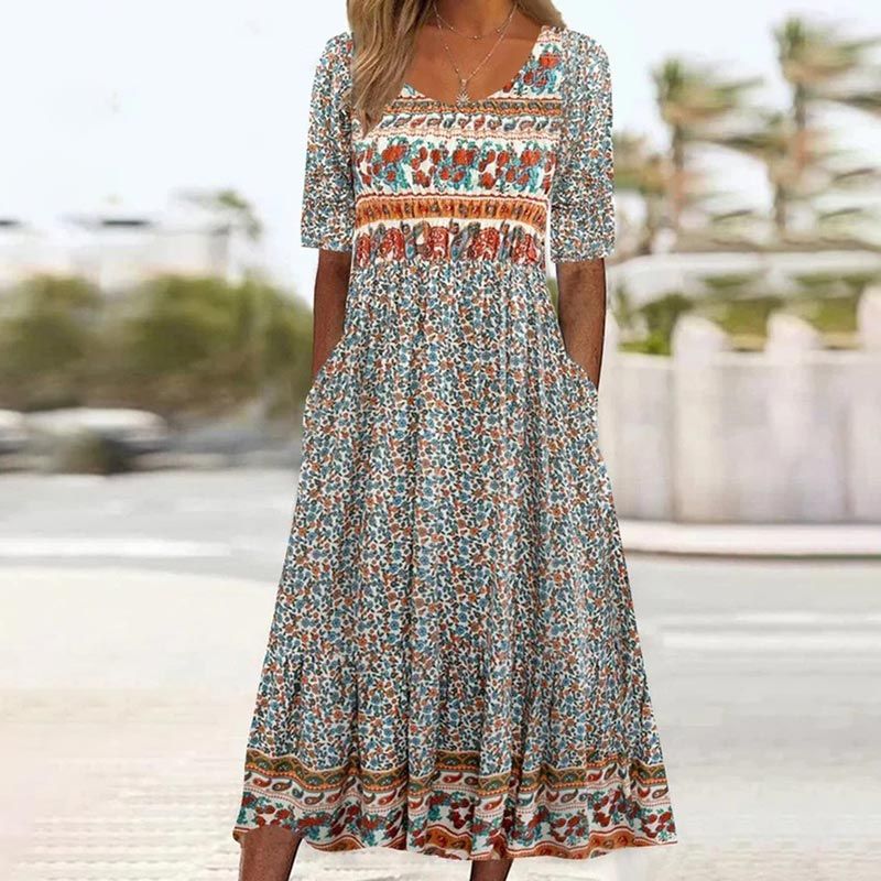 Angeline | Damen elegantes Kleid mit Boho-Stil Druck