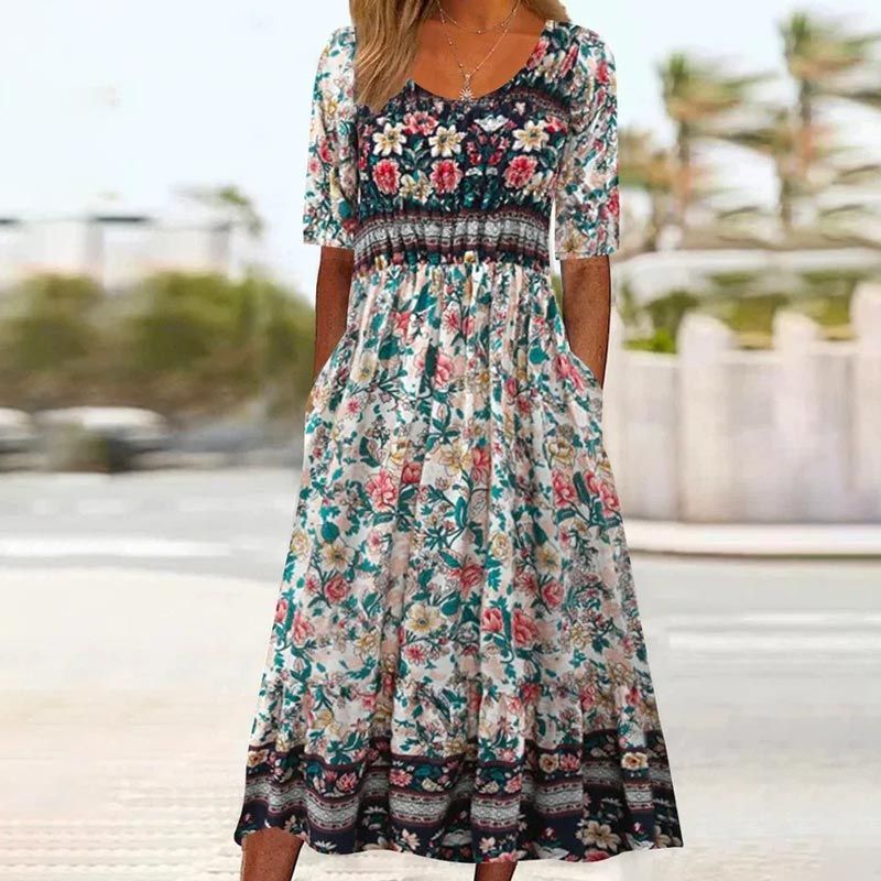 Angeline | Damen elegantes Kleid mit Boho-Stil Druck